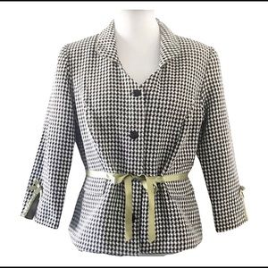 Vintage Sangria Houndstooth Ribbon Waist Tie Piping Lined Blazer Size 12